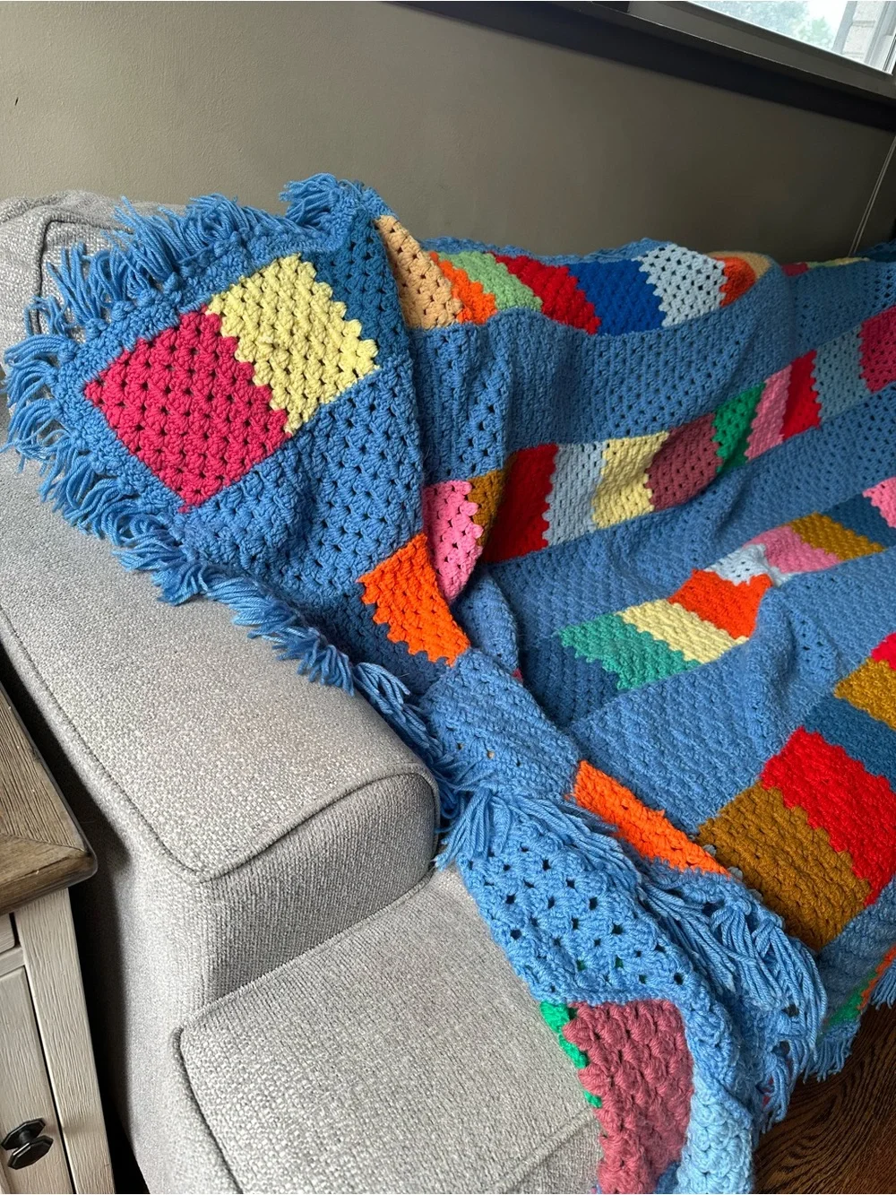 Large Blue Multi-color crochet knit Blanket Throw with Fringe full/queen